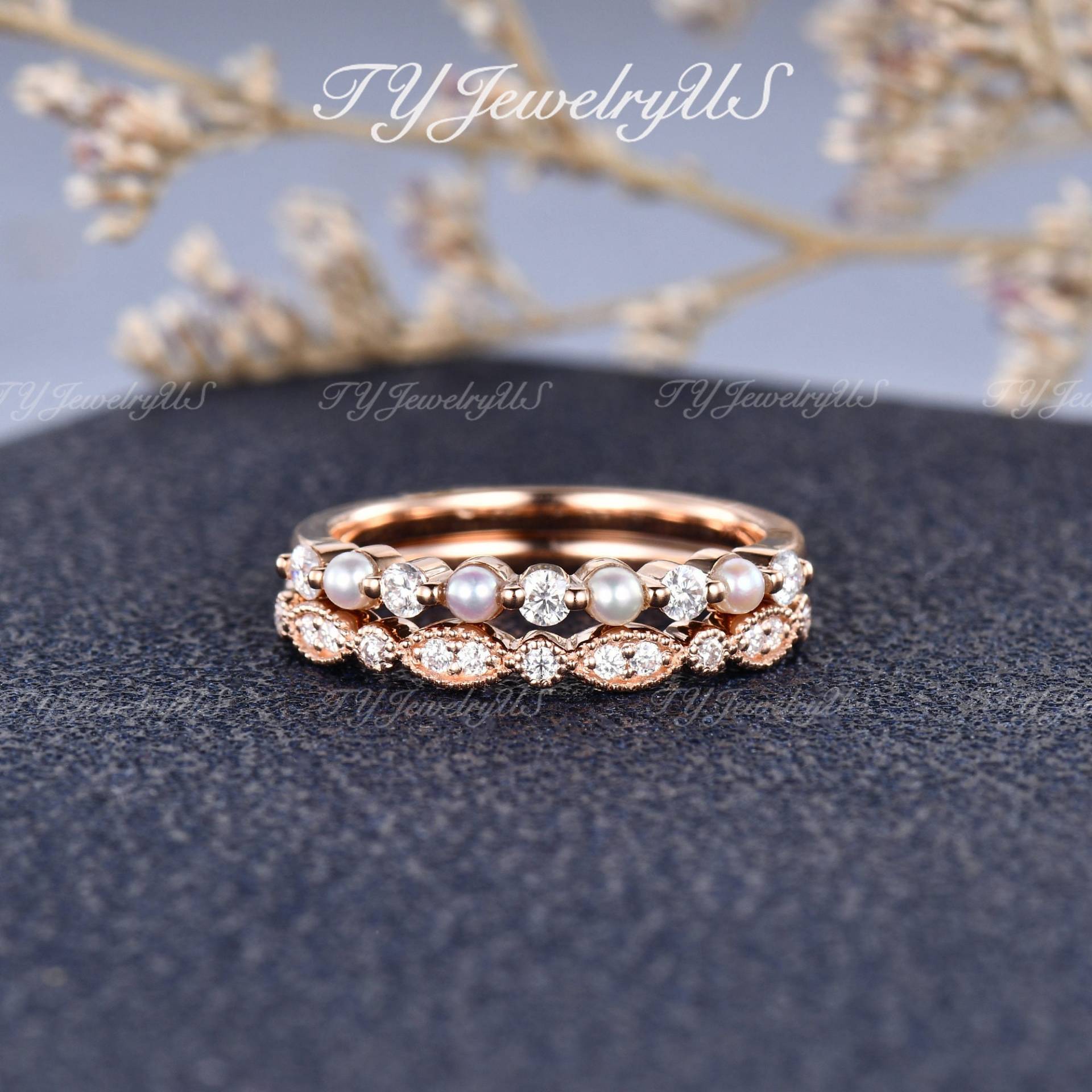 Perle Diamant Eheringe Frau 2 Stück Rose Gold Bandring Art Deco Moissanite Milgrain Ring Antik Halbe Ewigkeit Zarte Zierliche von TYJewelryUS