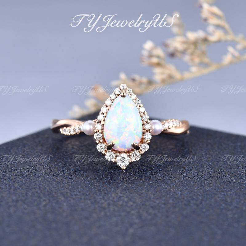 Perle Opal Verlobungsring Rose Gold Frau Birnenförmigen Lab Ehering Halo Infinity Diamant Cluster Ring Art Deco Birthstone Schmuck von TYJewelryUS