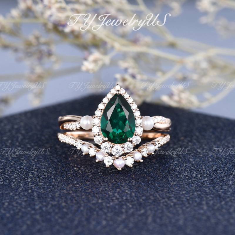 Perlen-Smaragd-Verlobungsring-Set, Roségold, Birnenförmig, Lab-Smaragd-Brautset Für Frauen, Diamant-Halo-Unendlichkeits-Ehering, Vintage-Cluster-Ring von TYJewelryUS