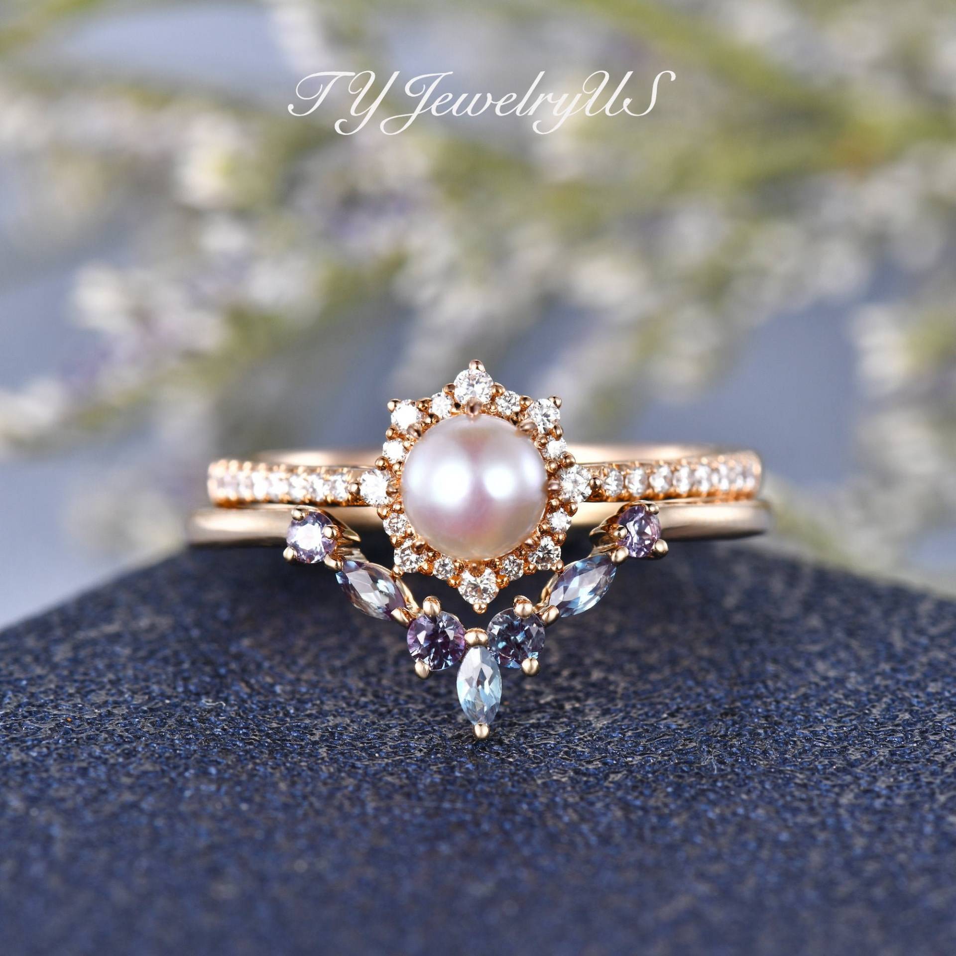 Perle Verlobungsring Set Rosegold Braut Rosa Akoya Ring Frauen Alexandrit Hochzeit Band Naturdiamant Halo Art-Deco-Ring von TYJewelryUS