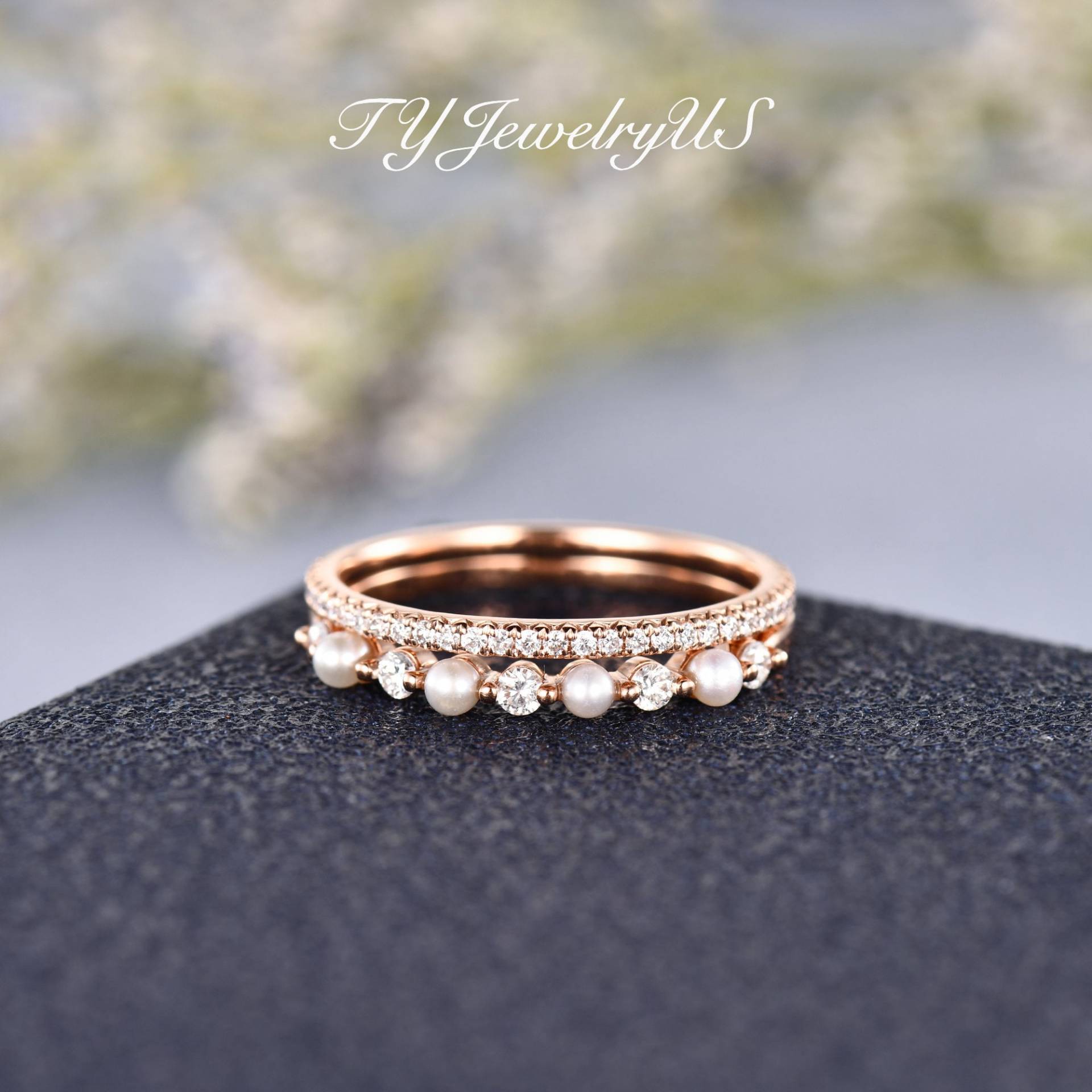 Trauringe Frau Perle Diamant Ehering Set Cluster Ring 14K Rose Gold Akoya Passenden Stapelring 2Stk von TYJewelryUS