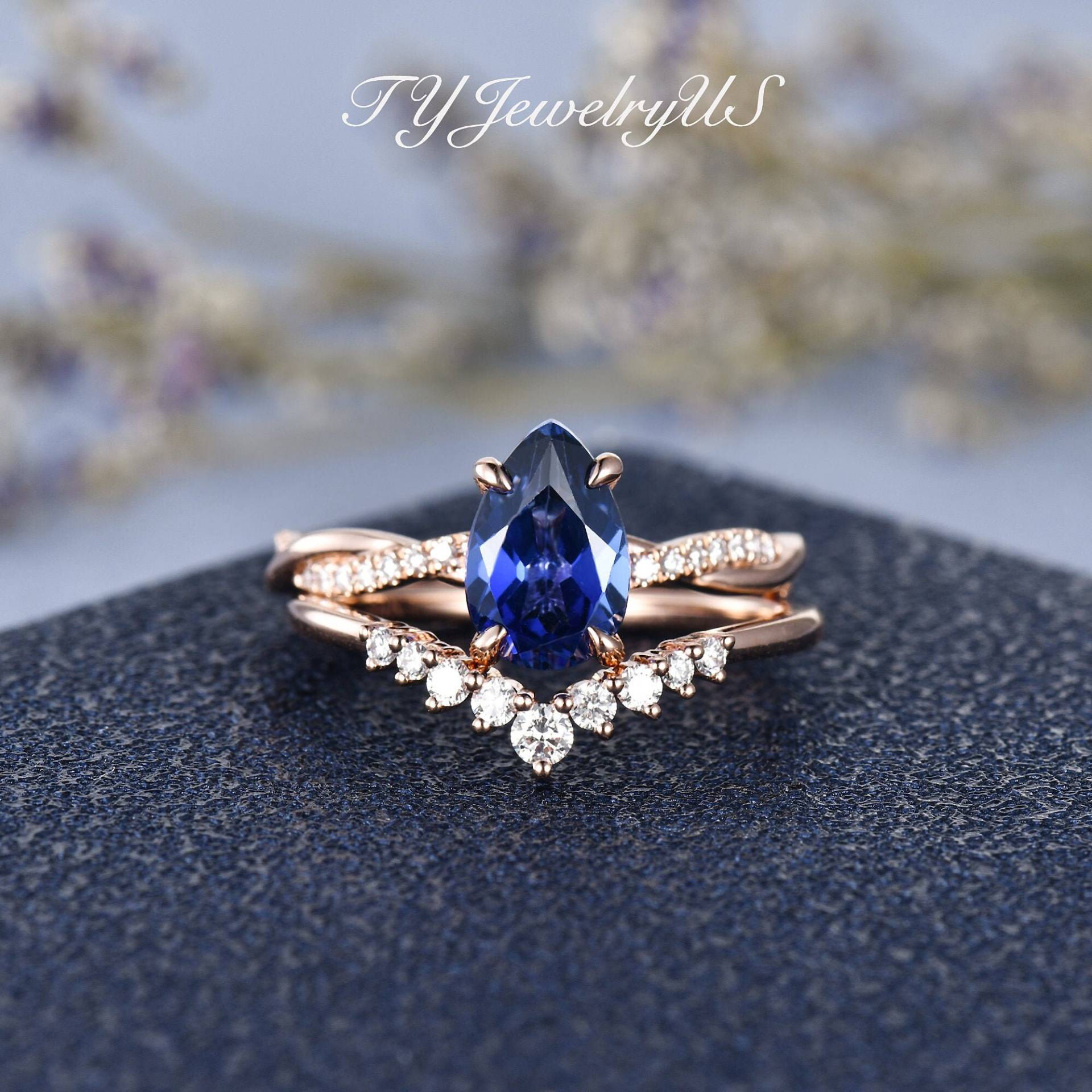 Tropfenförmiger Labradorit Saphir Verlobungsring Set Rosegold Moissanite Brautschmuck Silberschmuck September Geburtsstein Hochzeit Ring Band von TYJewelryUS