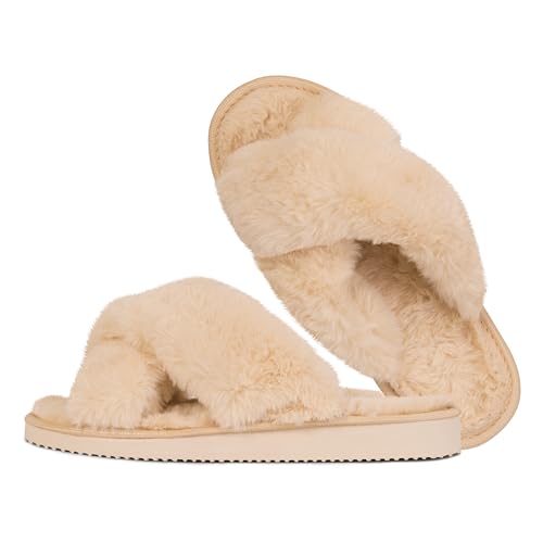 TYLBUT Gemütliche Damenhausschuhe mit weichem Plüschfell und stilvoll verflochtenen Riemen Die rutschfeste Gummisohle bietet Komfort Perfekte warme Damenhausschuhe für Zuhause als Hausschuhe für Damen von TYLBUT