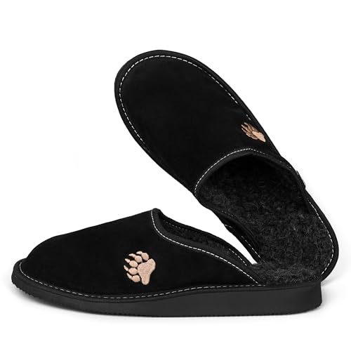 TYLBUT Hausschuhe Herren Pantoffeln Hauslatschen Leder Wildleder EVA Schaumstoff Rutschfest Bärenpfote Stickerei Warm Weich von TYLBUT