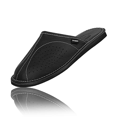 TYLBUT Herren Hausschuhe Leder Pantoletten aus Leder Bequeme Schlappen Leichte Slipper mit Memory-Sohle Größe EU von TYLBUT