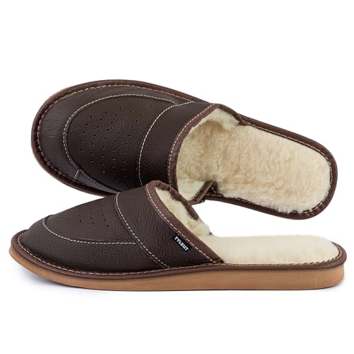 TYLBUT Herren Warm Hausschuhe Leder Pantoletten aus Leder Bequeme Schlappen Leichte Slipper mit EVA-Sohle von TYLBUT
