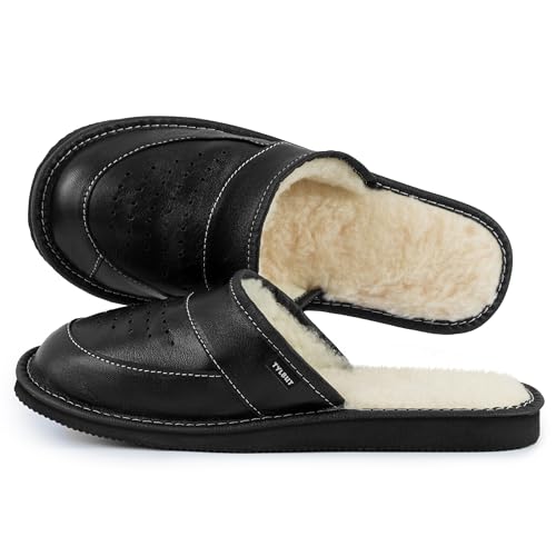 TYLBUT Herren Warm Hausschuhe Leder Pantoletten aus Leder Bequeme Schlappen Leichte Slipper mit EVA-Sohle von TYLBUT