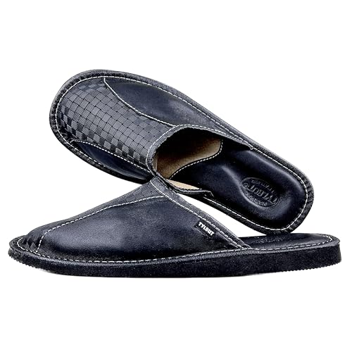 TYLBUT M03 Herren Hausschuhe Leder Pantoletten Geprägtes Leder aus Leder Bequeme Schlappen Leichte Slipper mit Memory-Sohle Größe EU Slipper Mann von TYLBUT