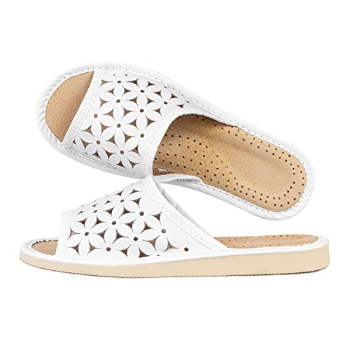 TYLBUT W02 Damen Hausschuhe Natürliches Glattleder Pantoffeln Einlagesohle aus Memory Schaumstoff und Fußbett für besonderen Komfort von TYLBUT