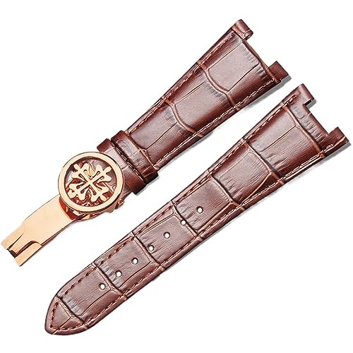 TYLDBNF Echter Leder-Uhrengurt für Patek Philippe 5711 5712G wasserdichtes schweißsicheres konkaves Klappungs-Schnallen-Uhrband 25-mm-Armband (Farbe: Schwarz-Rose-Gold-B, Größe: 25-13 mm) von TYLDBNF
