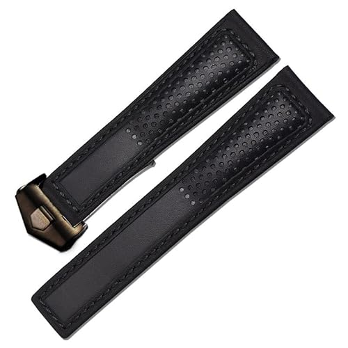TYLDBNF Echtes Lederband 22m für F1 Uhrenband rote Stiche Armbanduhr Band Faltschnalle Leder Watch Armband (Farbe: Schwarz Rot Silber, Größe: 22 mm) von TYLDBNF