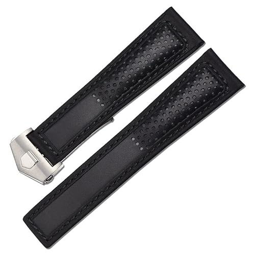 TYLDBNF Echtes Lederband 22m für F1 Uhrenband rote Stiche Armbanduhr Band Faltschnalle Leder Watch Armband (Farbe: Schwarz Rot Silber, Größe: 22 mm) von TYLDBNF