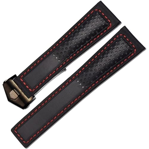 TYLDBNF Echtes Lederband 22m für F1 Uhrenband rote Stiche Armbanduhr Band Faltschnalle Leder Watch Armband (Farbe: Schwarz Rot Silber, Größe: 22 mm) von TYLDBNF