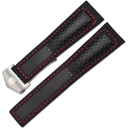 TYLDBNF Echtes Lederband 22m für F1 Uhrenband rote Stiche Armbanduhr Band Faltschnalle Leder Watch Armband (Farbe: Schwarz Rot Silber, Größe: 22 mm) von TYLDBNF