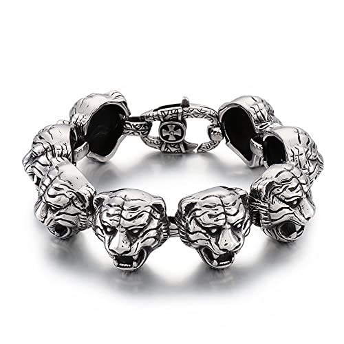 TYMONT Domineering Fashion Tiger Head Cross Buckle Titanium Steel Armband Für Herren, Gothic Retro Punk Motorrad Tiger Head Armband,Silber,22cm*2.2 von TYMONT