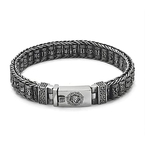 TYMONT Herren 925 Silber Sechs Zeichen Mantra Armband, Vintage Thai Silber Buddhistisches Handgewebtes Sechs Zeichen Mandala Armband,Silber,19cm von TYMONT