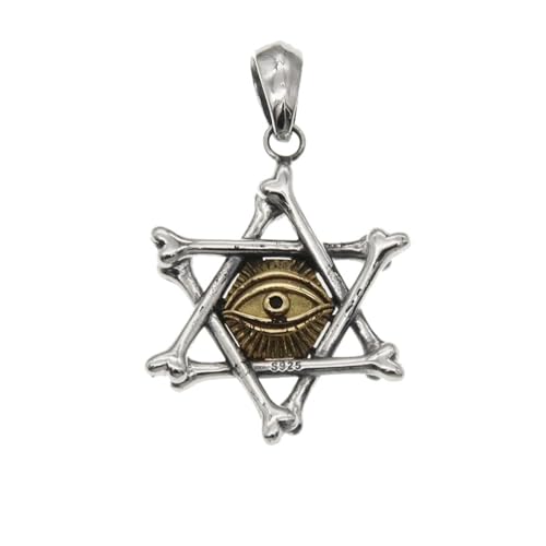 TYMONT Herren S925 Sterling Silber Devil's Eye Hexagramm Anhänger, Knochen Strukturiert Modische Und Vielseitige Sterling Silber Anhänger Halskette,Silber,Pendant + Chain 50cm von TYMONT