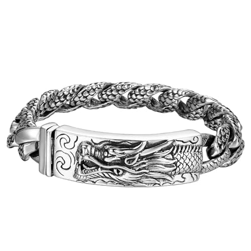 TYMONT Herren S925 Sterling Silber Vintage Dragon Armband, Gothic Fashion Cuban Chain Dragon Scale Armband,Silber,19.5cm von TYMONT