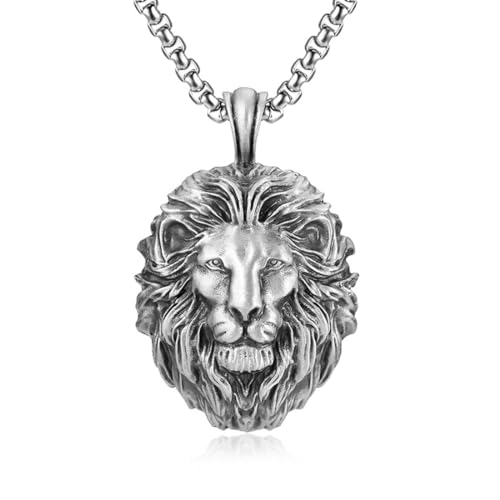 TYMONT Reines Zinn Dominierender Löwenkopf Anhänger, Herren Personalisierter Vielseitiger Anhänger Halskette Aus Reinem Zinn,Silber,Pendant + Chain 60cm von TYMONT