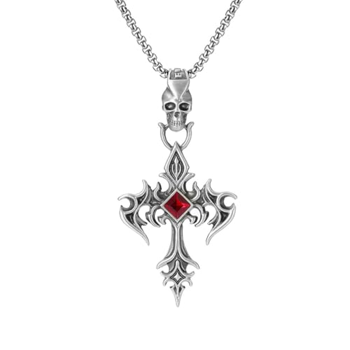 TYMONT Reines Zinn Personalisierte Ruby Cross Anhänger, Punk Hip Hop Reines Zinn Männer Anhänger Halskette,Silber,Pendant + Chain 70cm von TYMONT