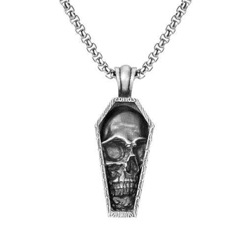 TYMONT Reines Zinn Personalisierte Schädel Sarg Anhänger, Punk Hip Hop Reines Zinn Männer Anhänger Halskette,Silber,Pendant + Chain 50cm von TYMONT