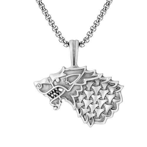TYMONT Reines Zinn Personalisierte Wikinger Wolf Anhänger, Punk Hip Hop Reines Zinn Männer Anhänger Halskette,Silber,Pendant + Chain 60cm von TYMONT