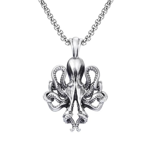 TYMONT Reines Zinn Übertriebene Octopus Monster Anhänger, Herren Personalisierte Hundert Reine Zinn Anhänger Halskette,Silber,Pendant + Chain 70cm von TYMONT