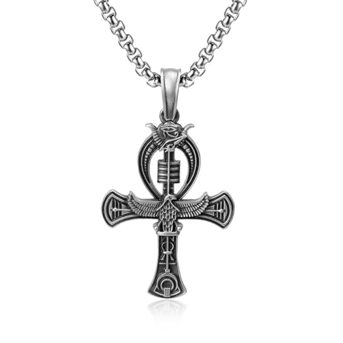 TYMONT Reines Zinn Vintage Ägyptischen Text Kreuz Anhänger, Punk Hip Hop Reines Zinn Anhänger Halskette Für Männer Und Frauen,Silber,Pendant + Chain 60cm von TYMONT