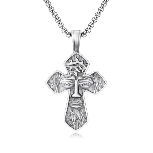TYMONT Reines Zinn Vintage Menschliches Gesicht Kreuz Anhänger, Punk Hip Hop Reines Zinn Anhänger Halskette Für Männer Und Frauen,Silber,Pendant + Chain 70cm von TYMONT
