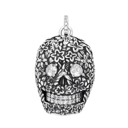 TYMONT S925 Sterling Silber Blume Schädel Edelstein Anhänger, Männer Und Frauen Personalisierte Hip Hop Sterling Silber Anhänger Halskette,Silber,Pendant + Chain 60cm von TYMONT