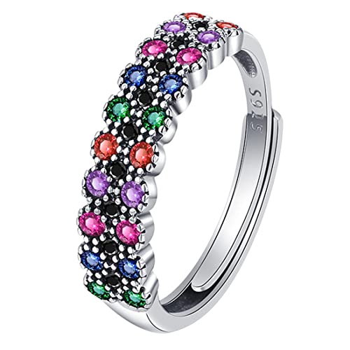 TYMONT S925 Sterling Silber Doppelreihiger Farbiger Zirkonia Ring, Vintage Sterling Silber Ring,Silber,7 von TYMONT