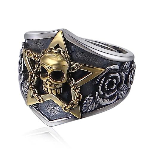 TYMONT S925 Sterling Silber Herren Totenkopf Ring Mit Rose Pentagramm Öffnung Sterling Silber Ring,Silber,8 von TYMONT