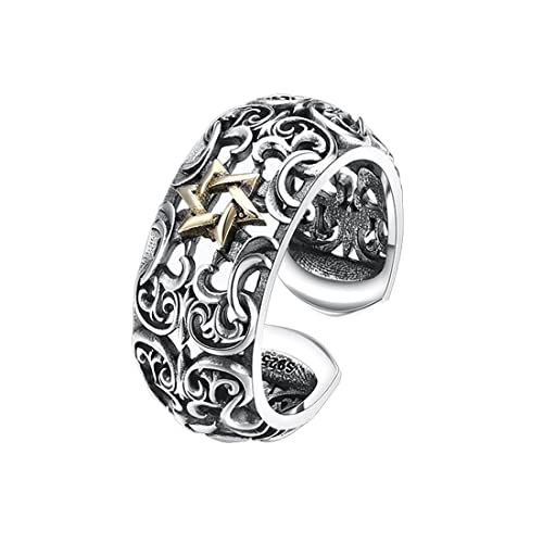TYMONT S925 Sterling Silber Herrenring, Personalisierte Vintage Hexagramm Hohlen Weinstock Blume Offen Ring,Silber,11 von TYMONT