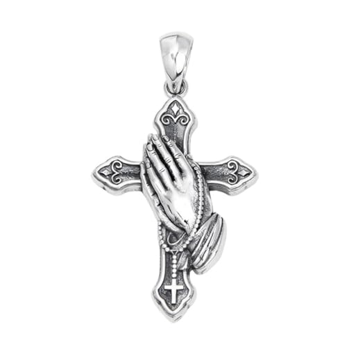 TYMONT S925 Sterling Silber Vintage Cross Praying Hands Anhänger, Männer Und Frauen Personalisierte Hip Hop Sterling Silber Anhänger Halskette,Silber,Pendant + Chain 60cm von TYMONT