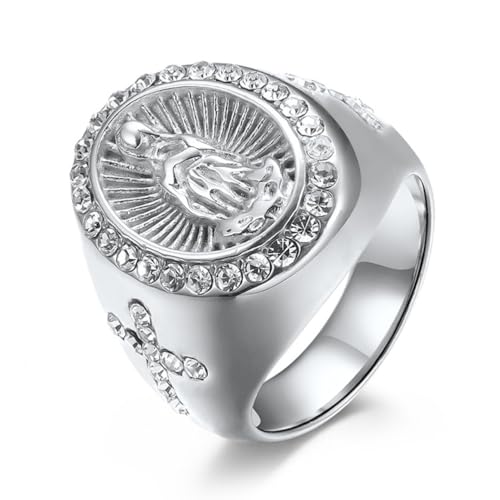 TYMONT Vintage-Jungfrau-Maria-Ring Für Männer, Personalisiert Mit Einem Diamantkreuz Aus Rostfreiem Stahl,Silber,8 von TYMONT