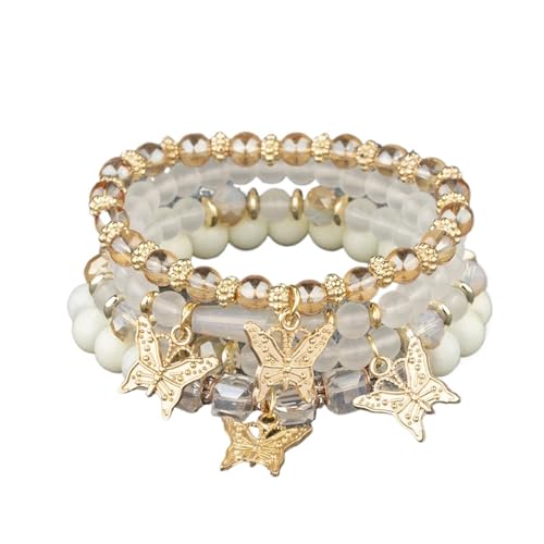 4Pcs Trendy Schmetterling Perlen Armband Set for Frauen Rosa Perlen Elastische Kette Armreif Weibliche Partei Schmuck Geschenk(Color-01) von TYNXK