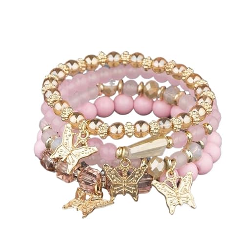 4Pcs Trendy Schmetterling Perlen Armband Set for Frauen Rosa Perlen Elastische Kette Armreif Weibliche Partei Schmuck Geschenk(Color-02) von TYNXK