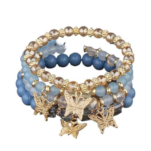 4Pcs Trendy Schmetterling Perlen Armband Set for Frauen Rosa Perlen Elastische Kette Armreif Weibliche Partei Schmuck Geschenk(Color-03) von TYNXK