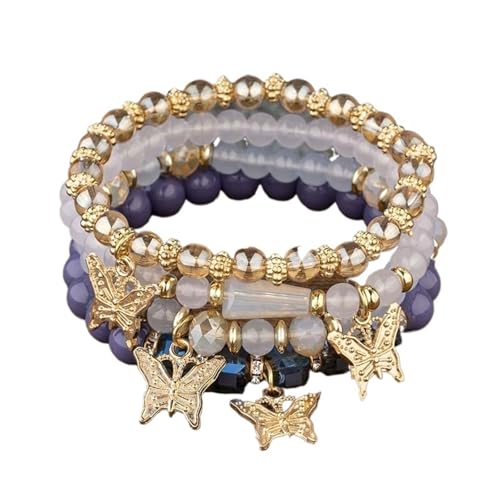 4Pcs Trendy Schmetterling Perlen Armband Set for Frauen Rosa Perlen Elastische Kette Armreif Weibliche Partei Schmuck Geschenk(Color-06) von TYNXK
