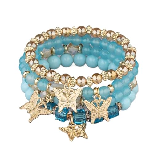 4Pcs Trendy Schmetterling Perlen Armband Set for Frauen Rosa Perlen Elastische Kette Armreif Weibliche Partei Schmuck Geschenk(Color-07) von TYNXK
