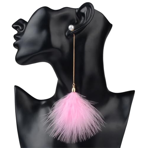 Elegante flauschige Federohrringe, Statement-Perlenkette, lange baumelnde Tropfen, Hochzeitsschmuck, Geschenk for Frauen(Pink) von TYNXK