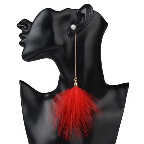 Elegante flauschige Federohrringe, Statement-Perlenkette, lange baumelnde Tropfen, Hochzeitsschmuck, Geschenk for Frauen(Red) von TYNXK