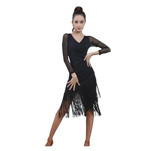 Lateinische Tanzkleidung Schwarzes Latin Dance Dress Kurzärmliges Latin Dance Quaste einteiliges Kleid for Frauen weibliche Ballroom Tango Cha Cha Rumba Kostüme Lateinkleid (Color : Long Sleeve Black von TYNXK