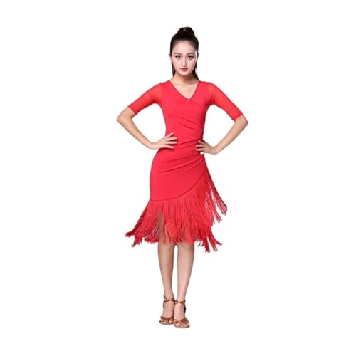 Lateinische Tanzkleidung Schwarzes Latin Dance Dress Kurzärmliges Latin Dance Quaste einteiliges Kleid for Frauen weibliche Ballroom Tango Cha Cha Rumba Kostüme Lateinkleid (Color : Red, Size : XXL von TYNXK