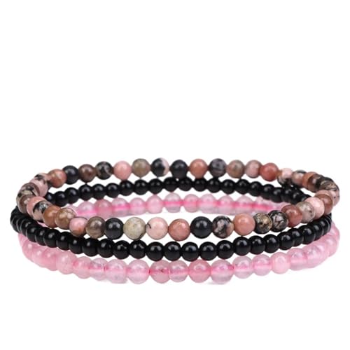 TYNXK 3 stücke Amethysten Lila Achate Elastische Armbänder for Frauen Männer Stein Schwarz 4mm Perlen Armband Set Schmuck(17cm,Color-01) von TYNXK