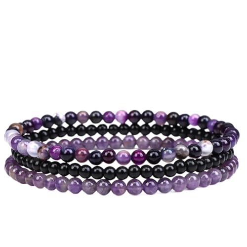 TYNXK 3 stücke Amethysten Lila Achate Elastische Armbänder for Frauen Männer Stein Schwarz 4mm Perlen Armband Set Schmuck(19cm,Color-05) von TYNXK
