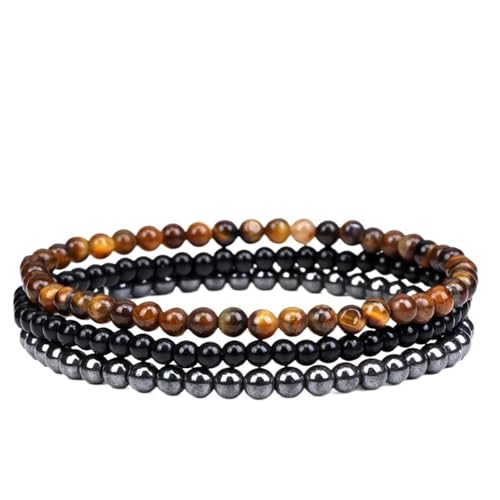 TYNXK 3 stücke Amethysten Lila Achate Elastische Armbänder for Frauen Männer Stein Schwarz 4mm Perlen Armband Set Schmuck(19cm,Color-07) von TYNXK