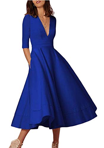 TYQQU Cocktailkleid Für Frauen Elegantes Kleid Plissiertes Schlagkleid Midikleid A-Linie Tiefer V-Ausschnitt Halbe Ärmel Königsblau M von TYQQU