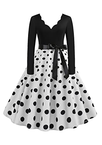 TYQQU Damen A-Linie Hepburn Elegante Tunika Partykleider Langarm V Ausschnitt Hepburn Kleid Mit Punktmuster Schwarz Weiss S von TYQQU