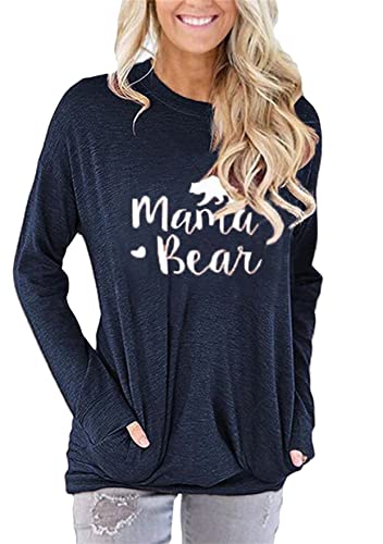 TYQQU Damen Casual Letter Print Rundhalsausschnitt Sweatshirt Langarm Lose Passform Taschen Pullover Tops Marineblau M von TYQQU